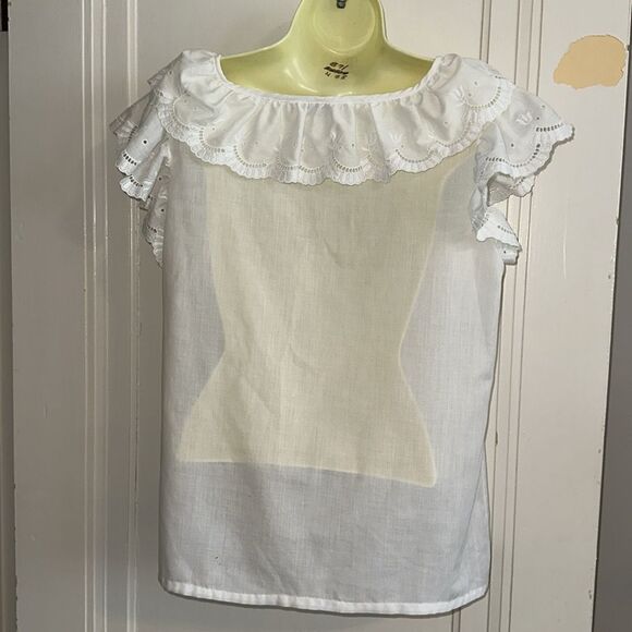 Vintage 60s/70s Judy Bond White Ruffled At Neck & Sleeves Eyelet Lace Blouse - Picture 6 of 8